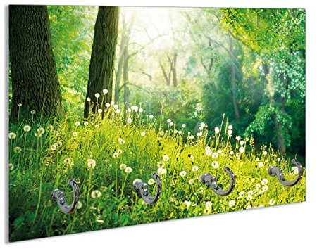 Wallario Schlüsselbrett aus Glas 30 x 20 cm, Wand Schlüsselhalter mit 4 Haken, Motiv: Pusteblumen im Wald mit einfallenden Sonnenstrahlen
