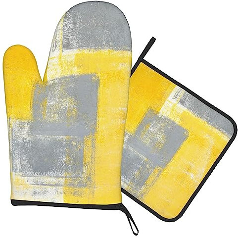 Grey and Yellow Abstract Art Oven Mitt and Pot Holder Set Oven Glove for Kitchen Baking Cooking Grilling