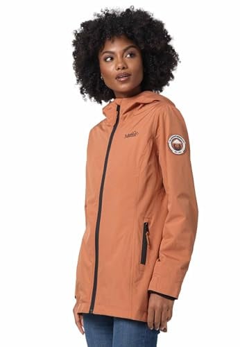 MARIKOO Übergangsjacke Damen (XS-XXL) - Atmungsaktiv, Innen Samtweicher Stoff, Kapuze, Winddicht - leichte Jacke lang - Stehkragen, 3 Taschen, verlängerter Zipper - Cinnamon M