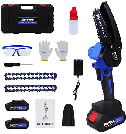 Scie à chaîne sans fil Mini Tronçonneuse A Batterie,Scie électrique Portable à Une Main De 4 '',les branches,l'élagage et la coupe du bois(2 Chaînes, 2 Batterie, Lunettes, Gants de Sécurité,etc.)