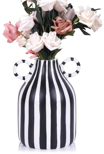 oliruim Keramikvase mit schwarz-weiß gestreiftem Muster, handbemalt, modern, minimalistisch, böhmisches Dekor, zentraler Esstisch, Küchentisch, Bücherregal, Schlafzimmer, ästhetische Dekoration (B)