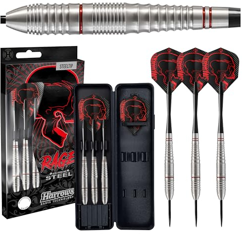 Harrows Rage Tungsten Style Darts | Steeldarts-Set mit Tragetasche | 21g, 22g, 23g & 24g| Enthält Speedline-Schäfte und 100-Mikron-Rage-Flights (22g)