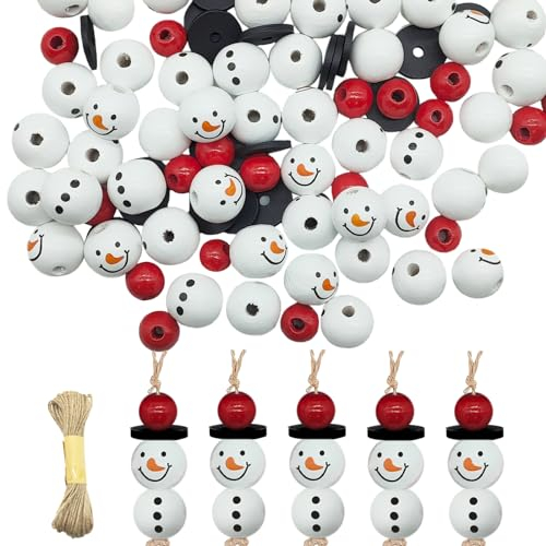YEJAHY 120 Stück Schneemann Holzperlen, 20mm Schneemann-Gesicht Holzperlen mit 10m Hanfseil, für DIY Weihnachten Winter-Dekorationen (B)