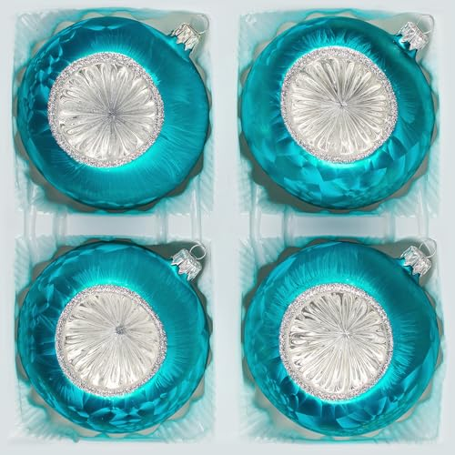 Navidacio 4 tlg. Glas-Weihnachtskugeln Set 10cm Ø in 'Vintage Ice Petrol-Türkis Silber' Christbaumkugeln -Reflektorkugeln -Christbaumschmuck 10cm Durchmesser Reflexkugeln