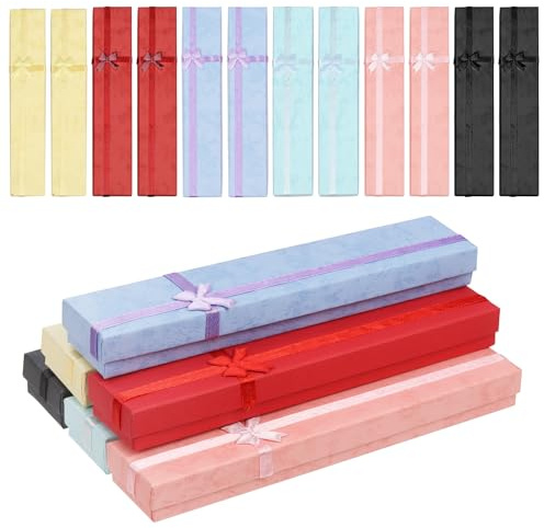 Swpeet 24 cajas de regalo de joyería de 6 colores 7,87 x 1,57 x 0,78 pulgadas con tapa y nudo de cinta decorativa, cajas de joyería de cartón con collar, pulsera, caja de regalo a granel