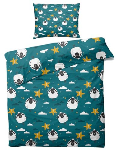 Sommer Bettwäsche 135x200 Schaf - Kinder Cartoon Tiere Bettbezug 135 x 200 2er Set, Weiche & Angenehme Mikrofaser Bettbezüge & Kissenbezug 80x80, Bettwäsche-Sets mit Reißverschluss A&-26