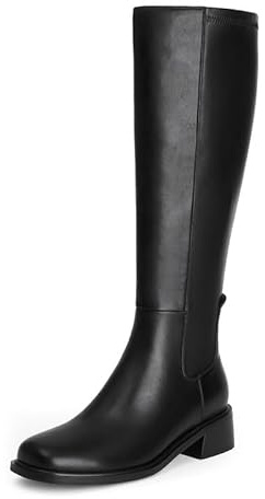 QIY Black Boots Women Fall Faux Leather Knee High Boots for Women Riding Dress Square Toe Flat Chunky Block Tall Long Low Heel Boot Size 10
