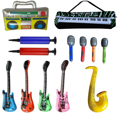 AINIUNIU 13 Pièces Instruments Gonflables Coloré Gonflable de Jouet, Guitares, Microphones, Saxophones, Radio, Piano électrique, Pompe à Air, Décorations pour Carnaval Fêtes, Disco Party