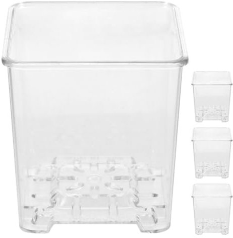 VANZACK Lot de 4 pots de fleurs carrés transparents en acrylique avec trous de drainage pour plantes d'intérieur, plantes grasses, herbes, fleurs et cactus décoratifs