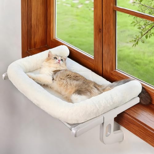Zoratoo Cat Window Sill Perch with Large Bolster, Easy to Adjust & Assemble Cat Hammock Bed for Large Cats and Kittens (White, L)