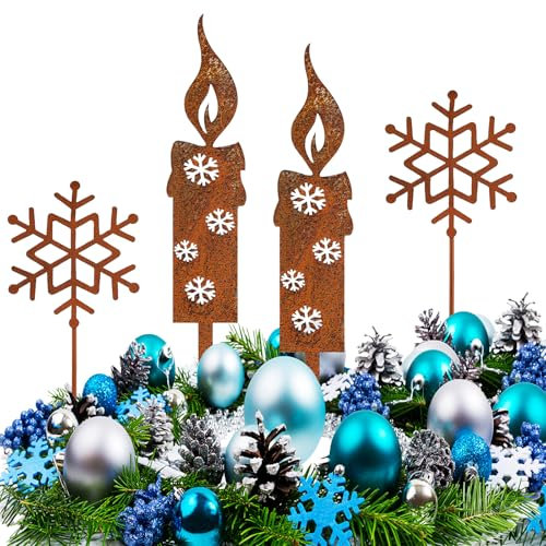 YCVSKY 4 Stück Gartenstecker Weihnachten Kerzen,Rost Deko Weihnachten Rost Kerzen,Schneeflocken Gartendeko,Weihnachtsdeko Draußen