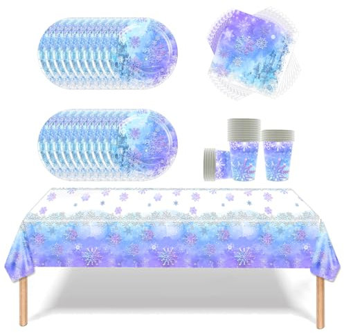 Fuwraixis 61 pezzi di stoviglie per feste Frozen, set di stoviglie a fiocco di neve blu e viola, 20 tovaglioli 20 bicchieri di carta 20 piatti di carta 1 tovaglia, stoviglie per bambini e adulti