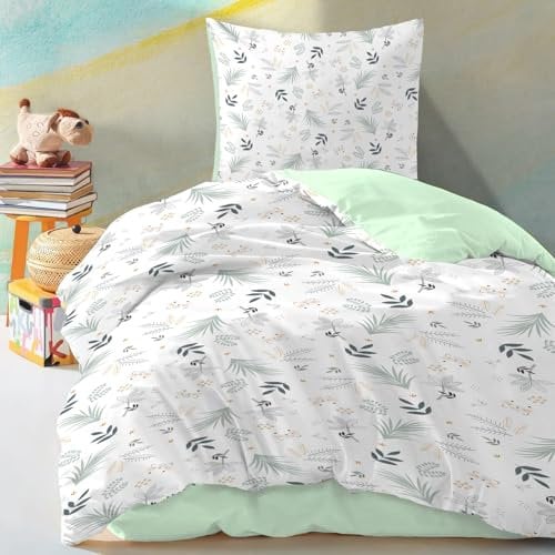 Yasida KinderbettwäSche 135x200 MäDchen GrüN Weiß BläTter BettwäSche Teenager Mit Niedliche Waldtier-Muster FüR Jungen/MäDchen Mikrofaser BettwäSche 135x200 cm 2er Set Mit 1 Kissenbezug 80x80 cm