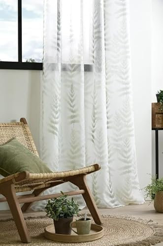 SCHÖNER LEBEN. Eyelet Curtain Fern Metallic Effects White Green Silver 140 x 260 cm