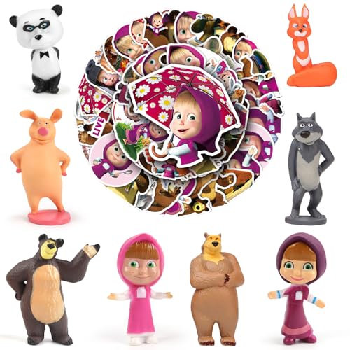 8 Pcs Masha Figuras Juguetes, 50 Pcs Masha Pegatinas, Decoracion Tarta Masha Cumpleaños, Decoracion Cumpleaños Masha, Topper Tarta Masha, Figuras Tarta Masha