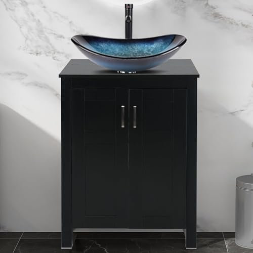 Mueble de baño negro con lavabo de 60 cm y lavabo de cristal azul para guardarropa, diseño moderno