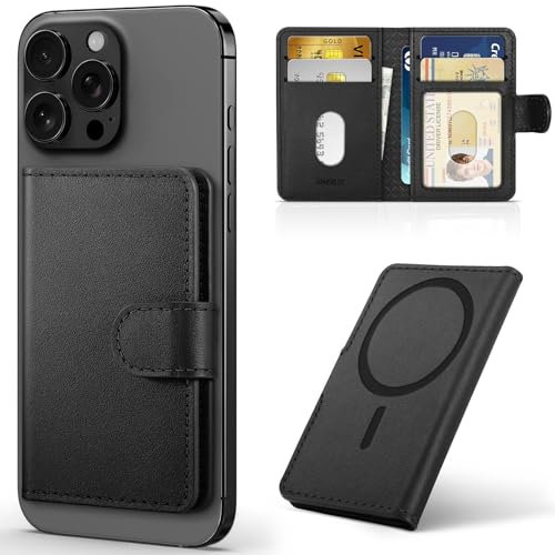 SHIELDON Compatible with MagSafe Wallet, Genuine Leather Magnetic Card Holder, RFID Blocking, 6 Card Slots & ID Window, Minimalist Phone Wallet for Men Women, for iPhone 16/15/14/13/12 Series - Black