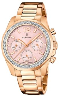 Festina Damenuhr Analog aus Edelstahl 316l Rosa | Quarzwerk Chronograph, Widerstandsfähiges Mineralglas, Wasserdicht 10 ATM, Special Prices F20639/6