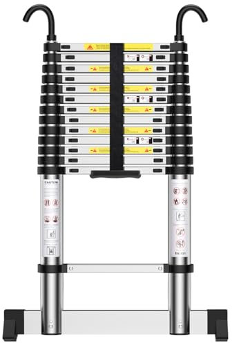 HUIYOPU Telescopic Ladder 3.8m/12.5ft, Aluminium Loft Ladder Extendable with Hooks, Adjustable Step, Used for Daily Maintenance, Building, Camping, etc.