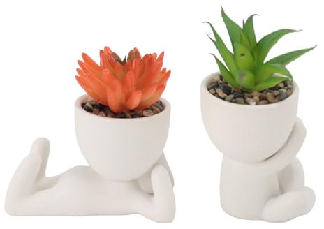 Brrnoo Human Shaped Succulent Planter with Live Plants, Artificial Succulent Decor, Cute Office, Home, and Bathroom Decorations
