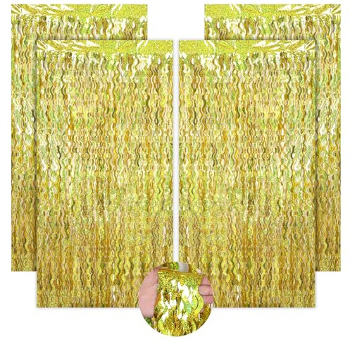 ShinherYee 4 Stück Lametta Vorhang Gold, Glitzer Vorhänge Karneval Deko, 1 x 2 m Gradient Glitzer Vorhang für Fasching Dekoration Geburtstag Golden Hochzeit Bühnendekor Weihnachtsbaum (Gold)