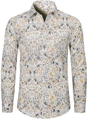 fohemr Mens Floral Printed Shirt Casual Button Down Long Sleeve Patterned Shirt 100% Cotton