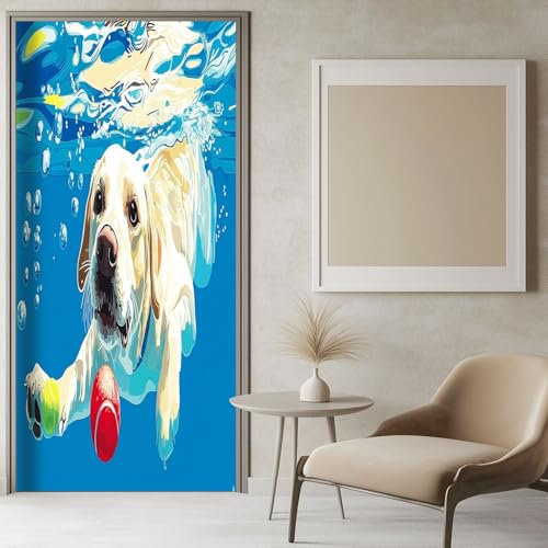 Autocollants de Porte animal labrador retriever nageant 90x200 cm bleu Art Auto-adhésif Poster PVC Sticker Porte pour Porte Cuisine Salon Chambre Salle de Bain, Stickers Porte
