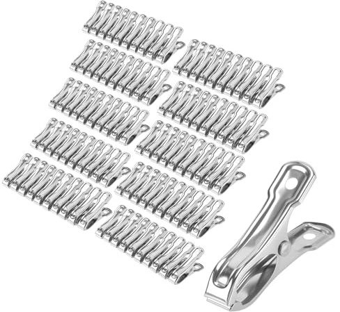 PINGEUI Lot de 100 pinces de jardin en acier inoxydable de 5,5 cm pour serviette de plage, vêtements, serres - Avec une forte adhérence pour filet, courtepointe et vêtements lourds - Argenté
