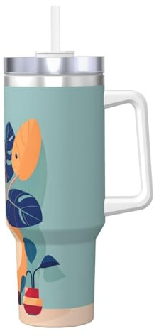 Isolierbecher mit Bambus-Aufdruck Ice Bully with Handle Straw Vacuum Insulated Cup Flask - Gym, Camping, Office, Car