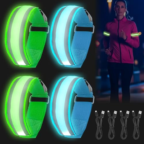 Behogan 4 Stück Led Armband Aufladbar: LED Reflective Band leuchtarmband laufarmband, LED Armband USB, Reflektierende Laufbekleidung mit Hoher Sichtbarkeit für Joggen Laufen Running Sports (Grün+Blau)