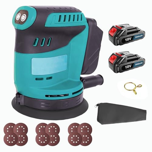 Akku Exzenterschleifer 125mm, Bürstenloser Exzenterschleifer Ersatz für Makita DBO180Z, Kabellose Elektroschleifer mit 12 Schleifpapier, für Holzbearbeitung, Metallbearbeitung, 2 x 3000mAh Akku