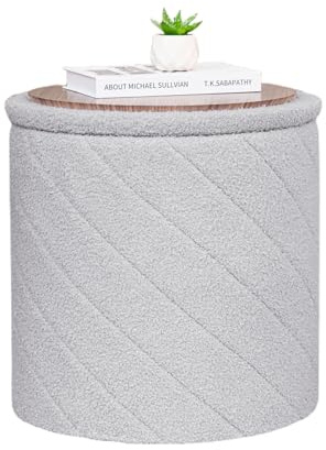 Bonlife Runder Hocker Ottoman mit Stauraum, Klappbarer Hocker mit Deckel, Boucle Frisierhocker für Wohnzimmer, Schlafzimmer, Eingangsbereich, Grau, 43x43x45cm