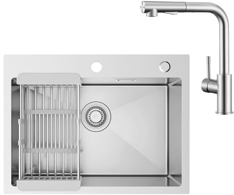 Sofetiy Küchenspüle Set 60 x 45 cm aus Edelstahl mit ausziehbarer Küchenarmatur – Spülbecken mit 360° Drehung, geräuscharm, selbstheilend, geruchsdicht, inklusive komplettem Zubehör