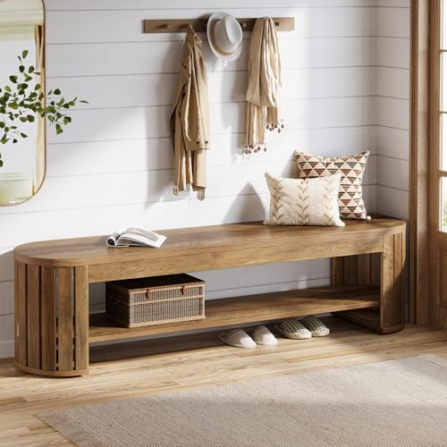 Tribesigns Banc de Rangement en Bois de 160 cm avec 2 Niveaux – Banc d’Entrée, Banc de Lit, Banc à Chaussures à Poteaux Verticaux – pour Couloir, Salle à Manger, Salon, Ferme – Rustique, Stable