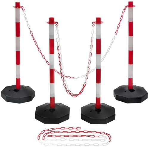 Swpeet 4Pcs Traffic Delineator Posts avec Base remplissable et chaîne de 8Ft, cônes de sécurité Rouges Portables avec Colliers réfléchissants, barrière de délimitation de sécurité de la Circulation