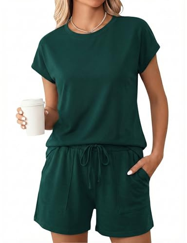 Uniexcosm Women's Pyjama Sets Summer Pyjamas for Women Cotton Short Sleeve Top And Shorts for Summer Two Piece Pj Sets Soft Crewneck Nightwear With Pockets Sleepwear,A-Dark green,M