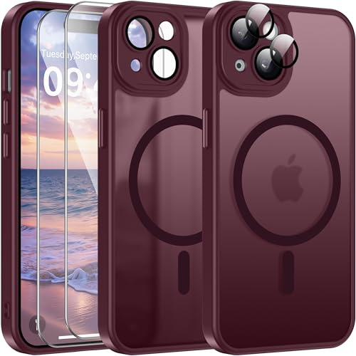 Opkiegrn für iPhone 15 Hülle, Kompatibel mit MagSafe mit 2 Stück Panzer Schutz Glas Folie, KameraSchutz Folie Stoßfest Kratzfest Transluzente Matt Handyhülle für iPhone 15, Weinrot