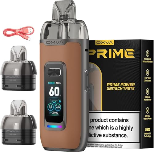 OXVA VPrime Pod Vape Kit, 2600mAh Built-in Battery, 60W Output, Adjustable Airflow, 2ml Refillable Pods Included, Smart VW Mode, Brown Leather (No Nicotine) [Brown Leather]