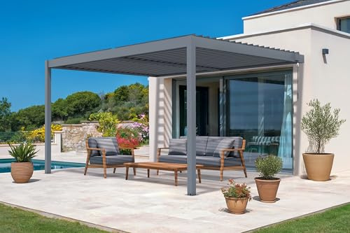 Cazeboo Pergola bioclimatique 4x3m adossée Piana Aluminium Gris avec Stores rétractables côté 4m