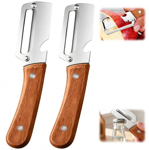 2 Stück Multifunktionaler Gemüseschäler für Küche, 2-in-1 Sparschäler mit Holzgriff, Edelstahlklinge und Flaschenöffner, Zero Flex Küchenhelfer für Obst und Gemüse