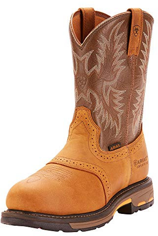 Ariat WorkHog Wellington Stivali da lavoro impermeabili con punta composita - Stivali da lavoro da uomo in pelle occidentale, Corteccia invecchiata/Verde militare, 14 Wide