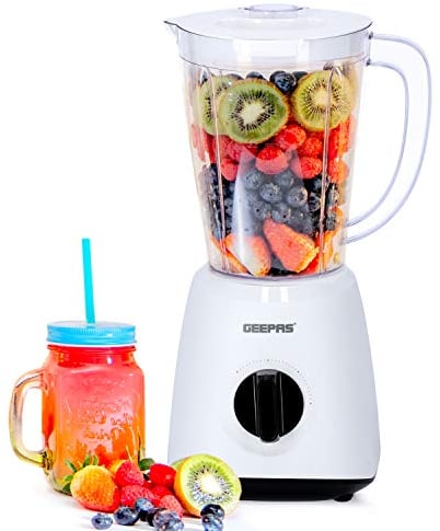 Geepas Electric Blender Smoothie Maker, Jug Blender 2 in 1 - 400W, White | Stainless Steel Blades| 1.5L Jar | Chopper, Coffee Grinder Smoothie Milkshake Maker,1 pack