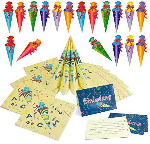 Oblique Unique® Schuleinführung Schulanfang Einschulung Deko Set für Jungs und Mädchen - 6 Einladungskarten + 20 Servietten + Zuckertüte Konfetti Set