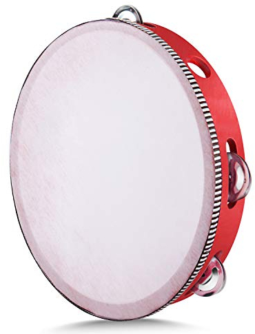 Flexzion Tamburin, Handtrommel mit Handgriff - 25cm, Schellenkranz in Mond-Form aus Holz, Musik Schlaginstrument, 1-reihige Schellenring mit 8 Paar Metall Schellen, Schlagzeug für KTV & Party, Rot