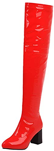 LUXMAX Donna Stivali Alti sopra Il Ginocchio Tacco Alto Blocco in Vernice Scarpe Tacchi con Cerniera Moda (Rosso) - 41 EU