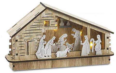 Presepe completo con casetta e luce in legno alt. cm.17,5 - lung. cm.30