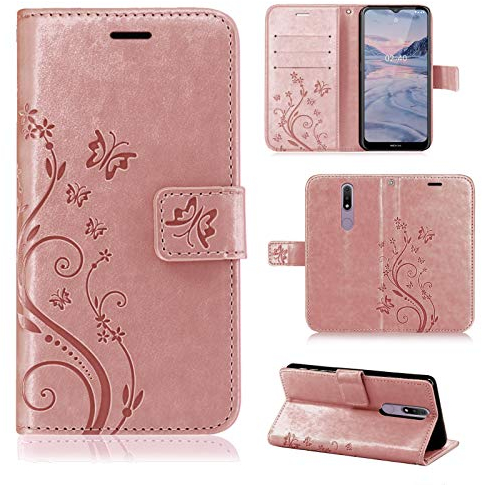 betterfon Hülle Kompatibel mit Nokia 2.4 | Premium PU Leder Handyhülle Wallet Case für 2.4 | Schutzhülle Blumen Klapphülle Handyhülle | Rosegold