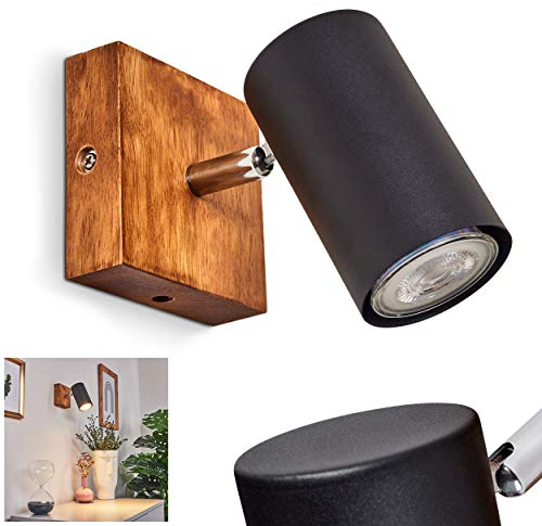Wandleuchte Zuoz, Wandlampe aus Metall in schwarz und Holz, Vintage/Retro Look Zimmerlampe, Leuchtenkopf ist dreh- und schwenkbar, 1 x GU10, ohne Leuchtmittel
