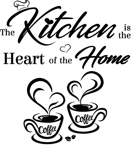 2 Sets of Wall Art Stickers PVC Decal - The Kitchen Is The Heart of The Home + Coffee Cups - Restaurant Kitchen Wall Decoration Accessories (Black)