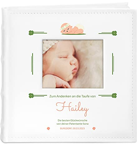 Maverton Einsteckalbum + mit Aufdruck - für 200 Fotos 10x15-100 weiße Seiten - Größe 21x22cm - Weiß - Geschenk für Kind zur Geburt Taufe zum Geburtstag - Knirps